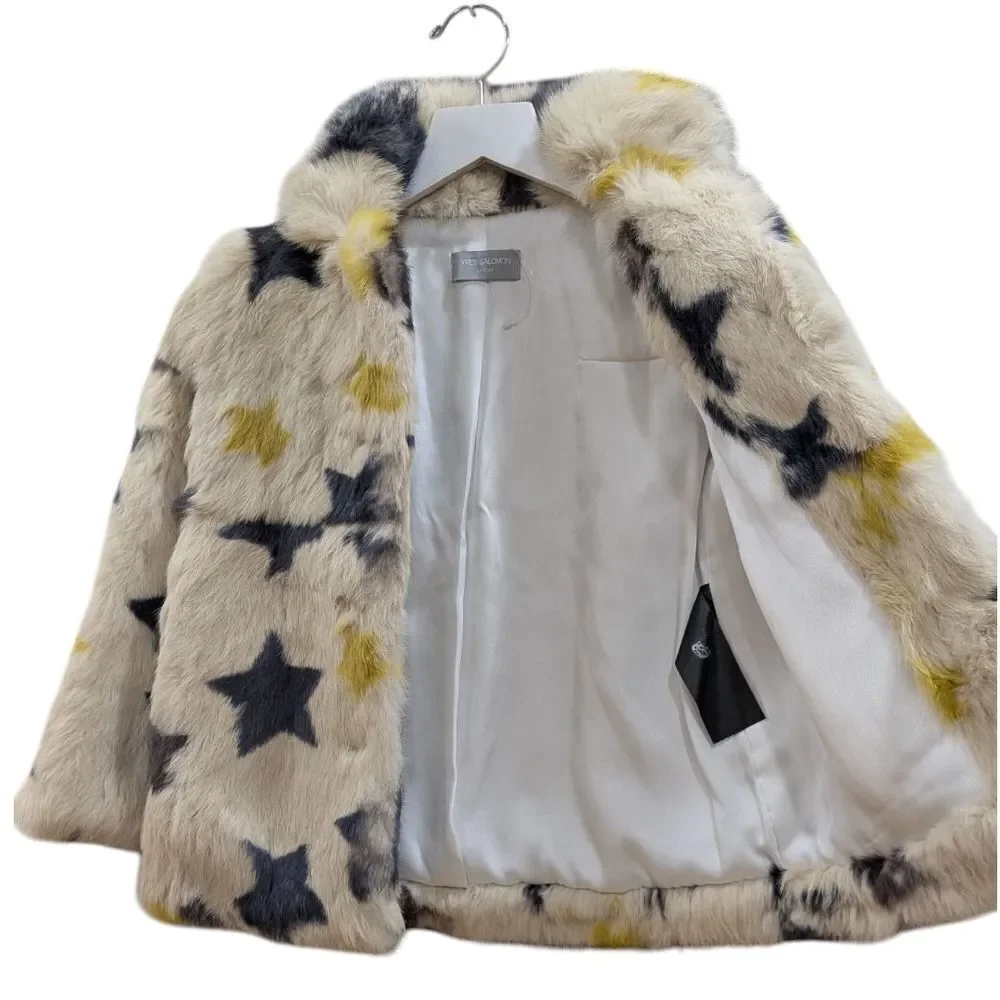 YVES SALOMON Enfant Rabbit Fur Star Pattern Coat Girl's Size 6 NWOT